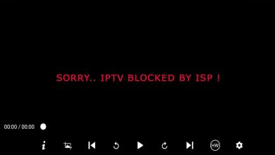 A black screen displays a red text message that reads, "SORRY.. IPTV BLOCKED BY INTERNET PROVIDER!" Various media control icons are visible at the bottom, including play, pause, fast forward, rewind, and volume controls.